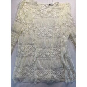 Elvi Womens Plus Size 20 Lace Top Long Sleeve Sheer Floral Blouse Ivory Cream
